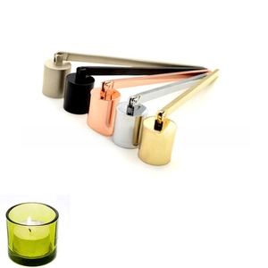L-shaped metal candle snuffers in gold silver rose gold and black finishes on white background