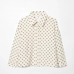 Retro polka dot lapel shirt in cream white featuring black print and long sleeves