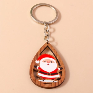 Porte-clés de Noël en bois en forme de goutte avec motif Père Noël et anneau métallique
