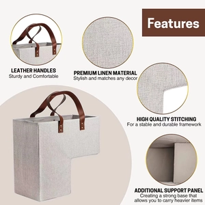 L-shaped foldable linen fabric stair basket with leather handles for home organization