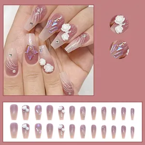 24pcs long coffin press-on nails with white rose 3D art, pearls, and pink gradient finish