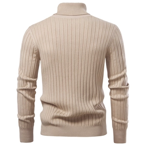 Macro detail of men's beige turtleneck knit sweater featuring vertical ribbed texture