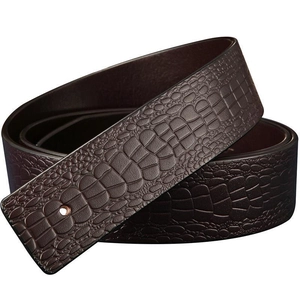Dark brown leather belt for men with embossed crocodile pattern on white background
