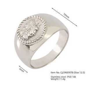Detailed specs of stainless steel signet ring showing 16mm width and embossed head design