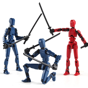 Three Dummy 13 action figures in red and blue with swords and movable joints