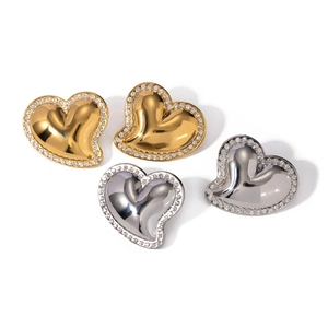 Gold and silver 18k gold plated stainless steel heart earrings with white rhinestones