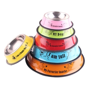 Set of colorful stainless steel pet bowls in various sizes for cats and dogs with snacks print