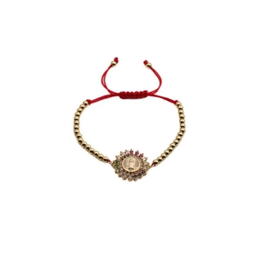 Adjustable red braided rope bracelet with gold beads and a colorful zircon Virgin Mary pendant