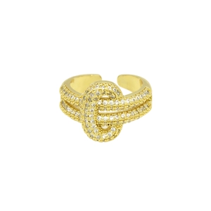 Detail of 18k gold plated knotted ring featuring double-row clear cubic zirconia stones