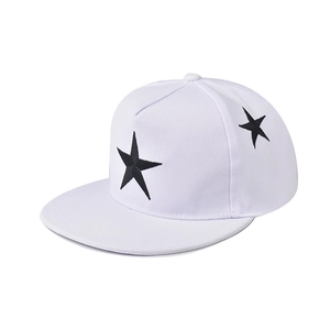 Classic white flat brim baseball cap with black embroidered stars and five-panel crown