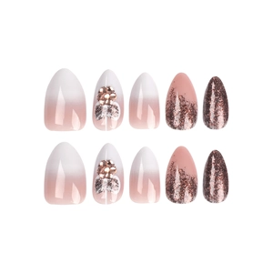 Christmas press-on nails set with pink gradient, 3D pearls and glitter almond shape