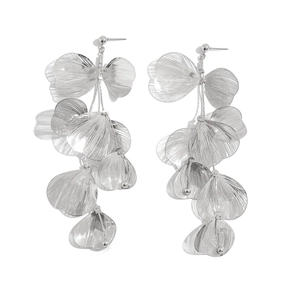 Detail of silver ginkgo leaf tassel earrings with textured petals and drop design