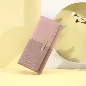 Elegant long patchwork wallet for women in dusty pink with textured pleats and gold detail