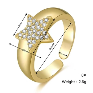 Detailed size chart for gold plated star ring with zircon dimensions and band measurements