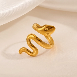Polished 18K gold plated snake ring for women, adjustable punk style stainless steel jewelry