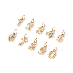 Golden stainless steel numbered charms from 0-9 set with clear zircon stones for jewelry DIY