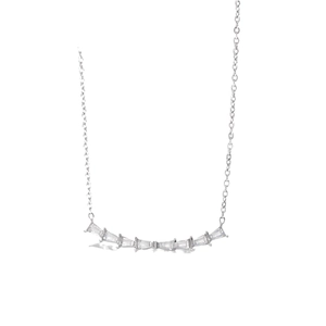 Silver smile necklace with baguette-cut zircons and minimalist curved bar pendant