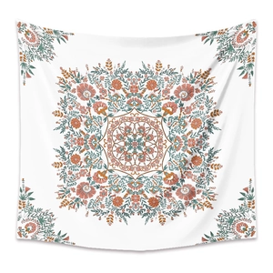 Bohemian floral mandala tapestry with orange and pink vintage patterns on white fabric