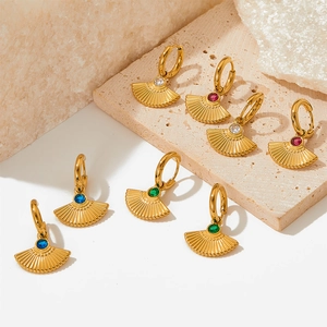 French vintage gold fan-shaped drop earrings with colorful zircon crystals set on stone