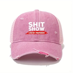 Pink distressed baseball cap with SHIT SHOW print and breathable mesh backing