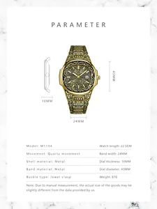 Detailed size chart for vintage bronze quartz watch with 43mm dial and metal band