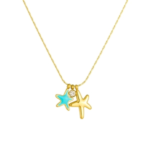 Gold stainless steel snake chain necklace featuring blue and gold starfish charms