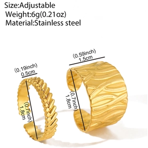 Detail view showing adjustable sizing and dimensions for gold stainless steel rings