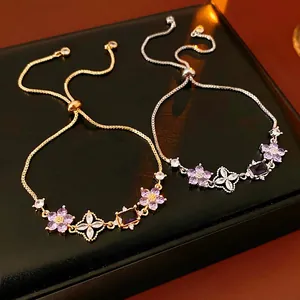 Purple Zircon Flower Bracelet Copper Rectangular Gemstone Adjustable Slider Buckle Elegant Jewelry For Women