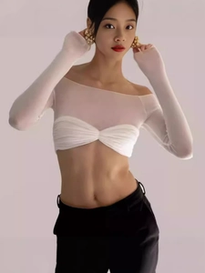 Chic white off-shoulder long sleeve mesh top with front twist knot and cropped silhouette