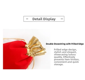 Detail of red velvet jewelry pouch featuring golden ruffled edges and drawstring closure