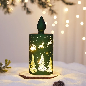 Christmas LED glass candle lamp with green frosted finish and golden reindeer forest pattern