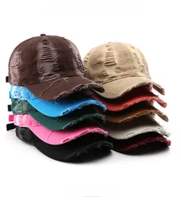 Detailed grid of distressed baseball caps in ten colors featuring ripped vintage style