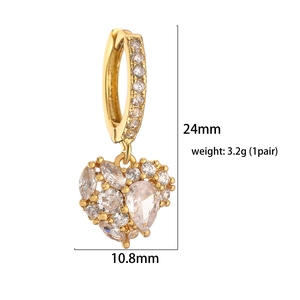 Elegant 18K gold plated heart earrings with micro-pave cubic zirconia measuring 24mm