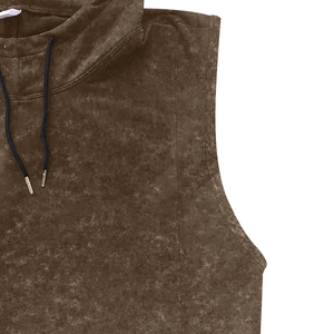 Detail of drawstring hood and washed vintage texture on men's brown sleeveless tee