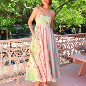 Women Sexy Spaghetti Strap Maxi Dress Polyester Patchwork Floral Striped Print Backless Large Hem Holiday Vacation