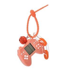 Orange mini retro Tetris game console keychain with silicone strap and bell toy