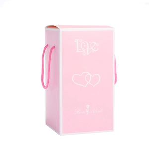 Pink rectangular Valentine rose gift box with Love typography and rope handles