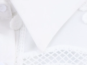 Dettaglio macro del colletto di camicia bianca con pizzo a rete e bottone tondo