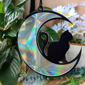 Close-up of black cat and crescent moon suncatcher showing rainbow laser refraction