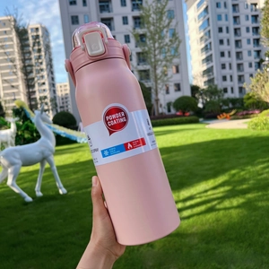 Pink insulated water bottle featuring non-slip powder coating and one-hand safety lock lid