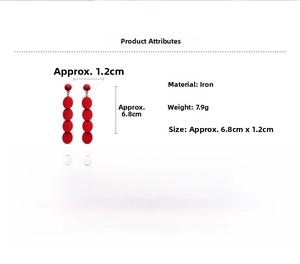 Detail specifications for red spherical tiered earrings showing iron material and 6.8cm length
