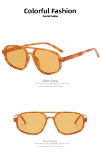 Detail view of double bridge pilot sunglasses in amber leopard and brown lenses