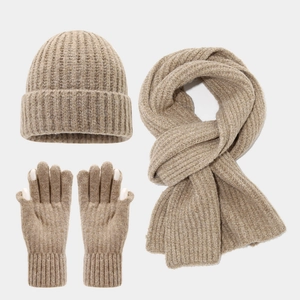 Winter rib-knit set with oatmeal hat, scarf and touchscreen gloves in a warm wool blend