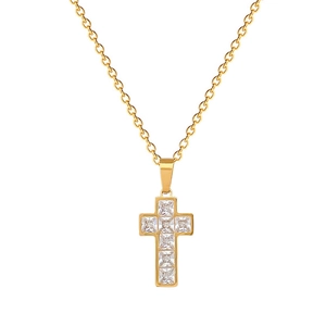 Luxury titanium steel cross necklace with square zircons and 18k gold plating for women
