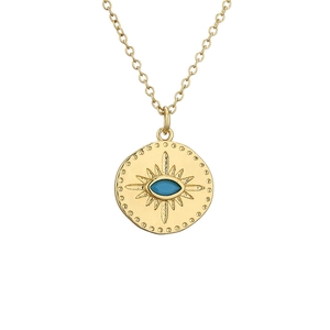 Gold geometric eye pendant necklace with micro-set zircon and sunburst texture engraving