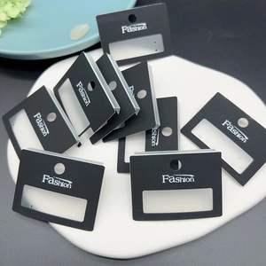 Detail of black matte earring display cards with Fashion text and hanging holes