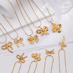 Bow Knot Flower Pendant Necklace Gold Stainless Steel Snake Bone Chain With Beads Elegant Jewelry For Women