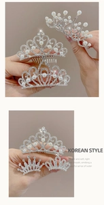 Detailed view of silver princess crown combs and hair clips with rhinestones and pearls