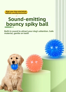 Close-up of squeaky TPR spiked dog toy balls with soft teeth-cleaning massage texture
