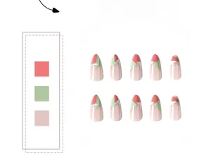 Detail view of almond press-on nails with red and green geometric patchwork design